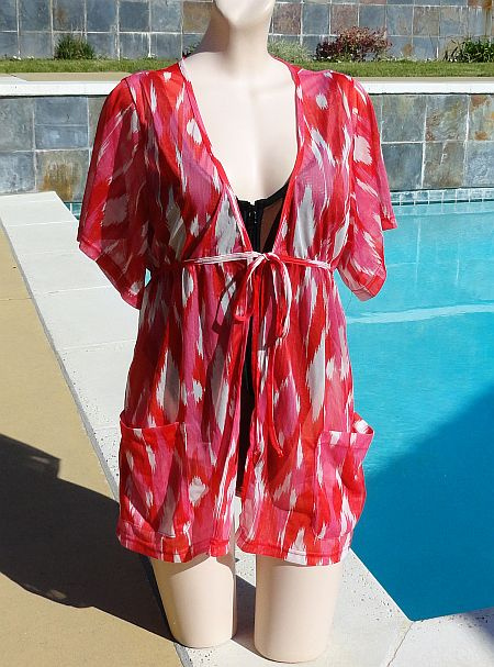 Vintage 70s Red & White ICAT Print Nylon Swimsuit Cover-Up S/M B34